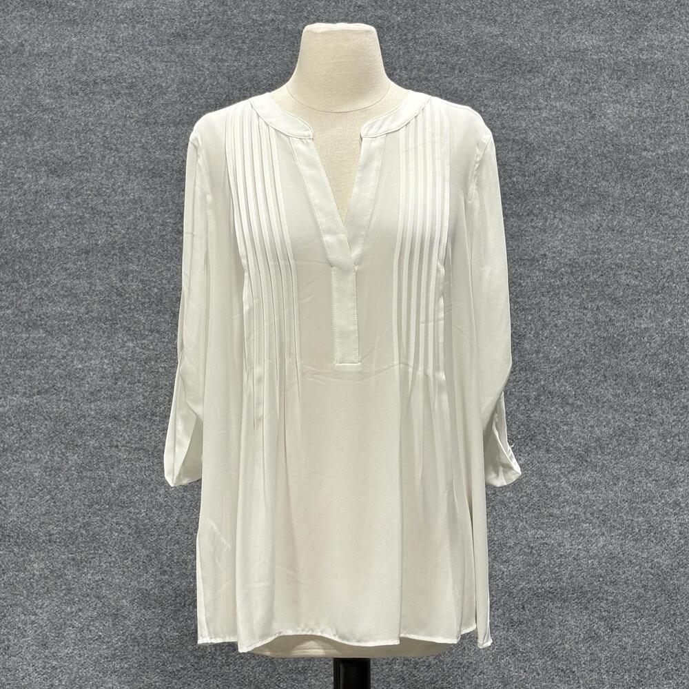 BCBGMAXAZRIA Shirt Womens Medium White Gena Pleated Tunic Blouse Polyester New